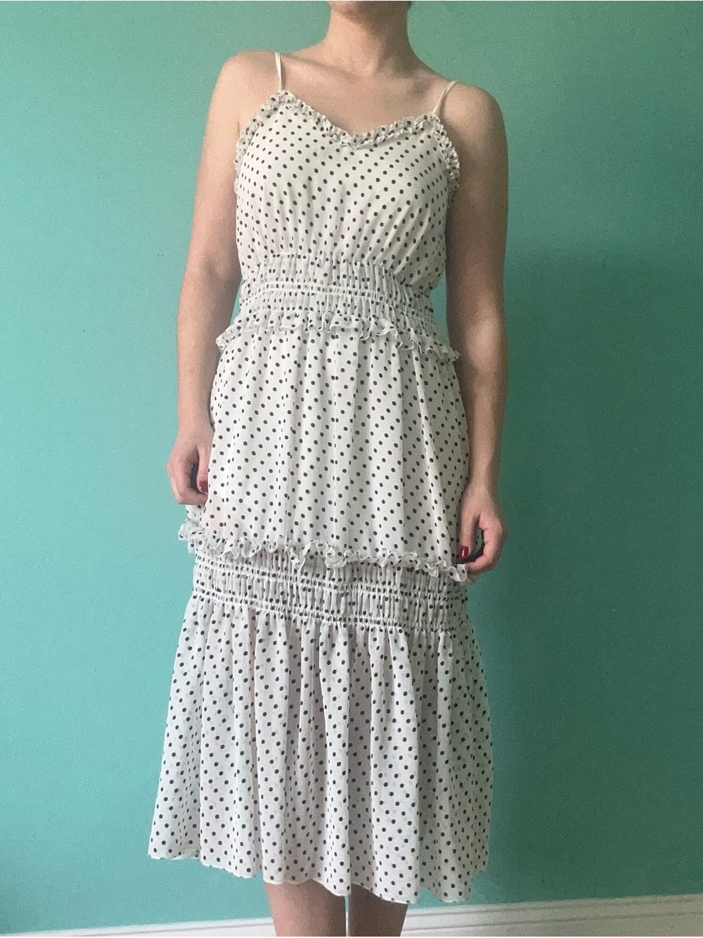 Melrose and Market White Polka Dot Smocked Midi Dress with Ruffles